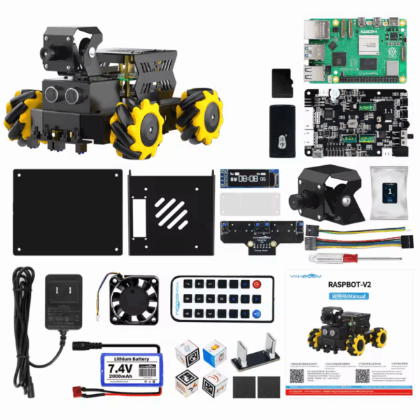 raspbot v2 ai robot car kit con raspberry pi 5, proyecto educativo ros2 humble programación python